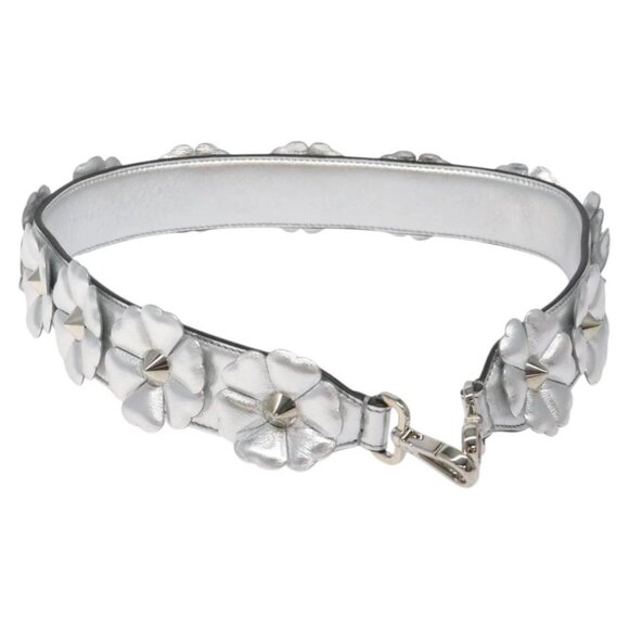 FENDI Flower Shoulder Strap Leather 31.9"" Silver Auth - Picture 1 of 10